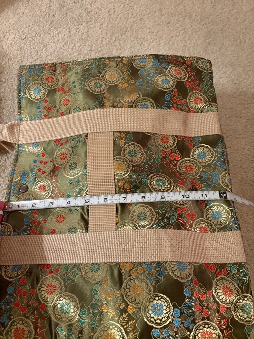 Oriental Olive Green Vibrant Floral Jacquard Satin Tote Bag with Beige Straps - Picture 11 of 16
